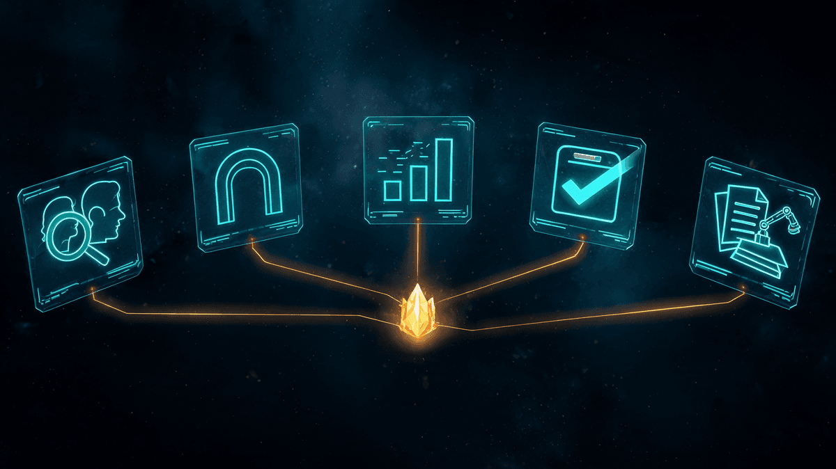 Five AI agents operating simultaneously — sales, onboarding, analytics, IT support, and finance automation