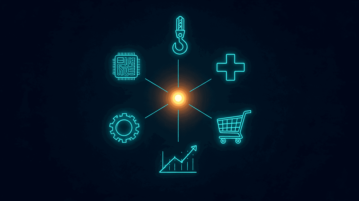 AI across industries — six industry icons in radial teal pattern