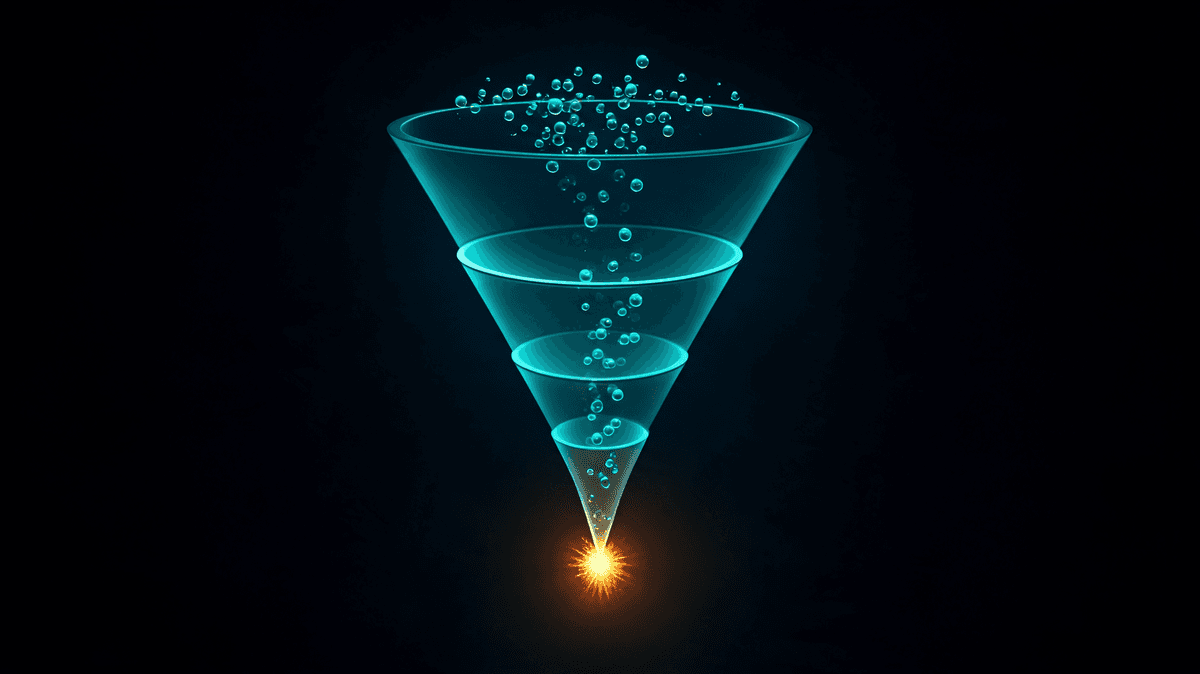 AI sales automation — luminous teal sales funnel with amber conversion