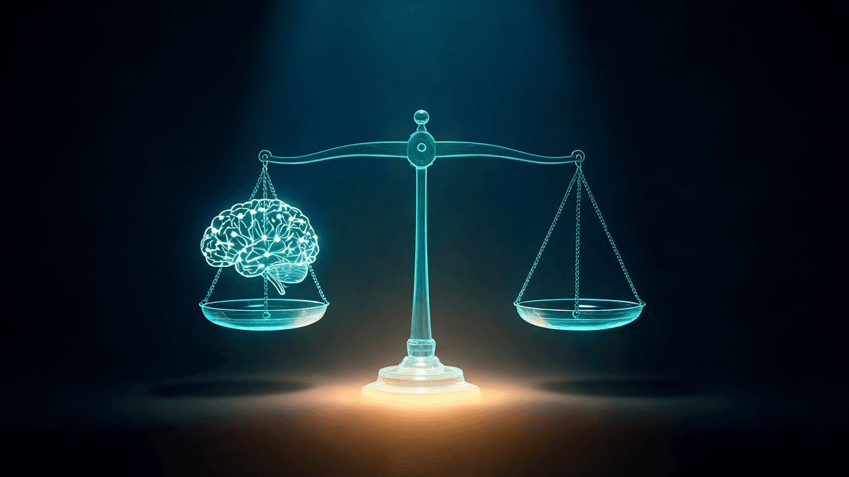 Cost of not having AI — balance scale with teal brain and empty side