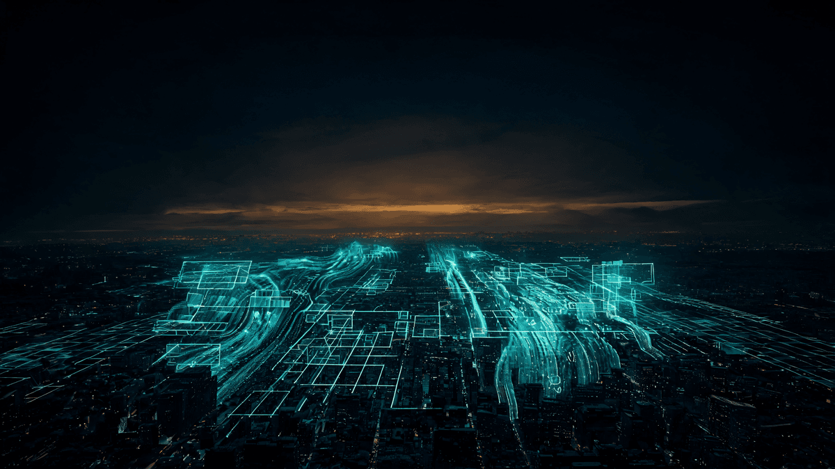 Digital transformation for SMBs — futuristic cityscape with data streams
